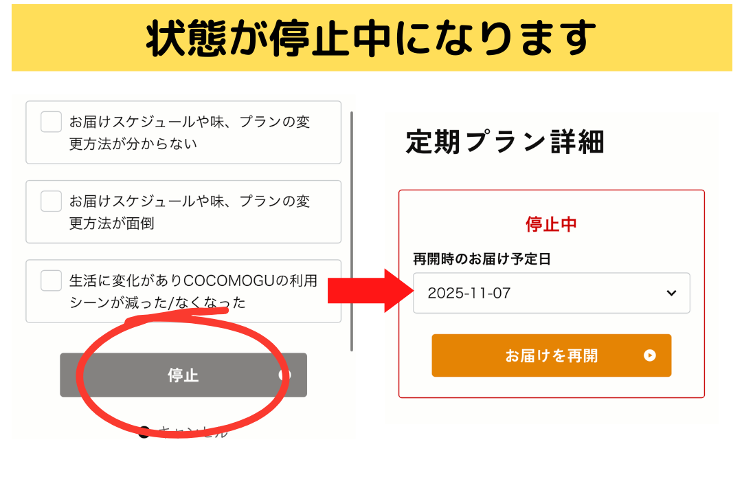 ココモグの定期プランの停止方法